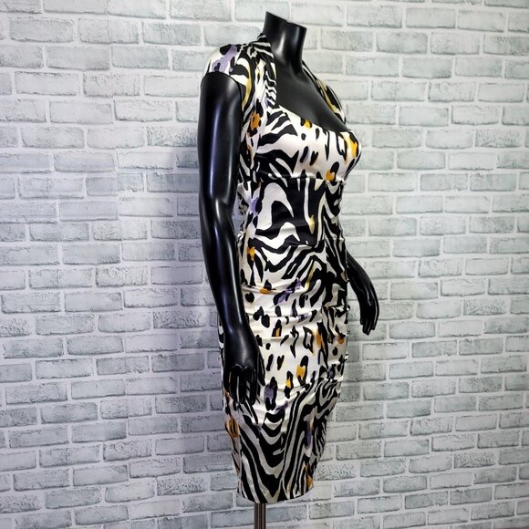 Cache Size 6 Silk Animal Print Ruched Cutout Back S/S Knee Length Dress Cocktail - Picture 4 of 12
